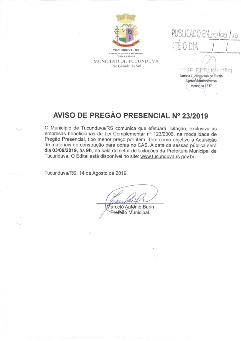 AVISO DE LICITAÇÃO - PREGÃO PRESENCIAL Nº 23/2019
